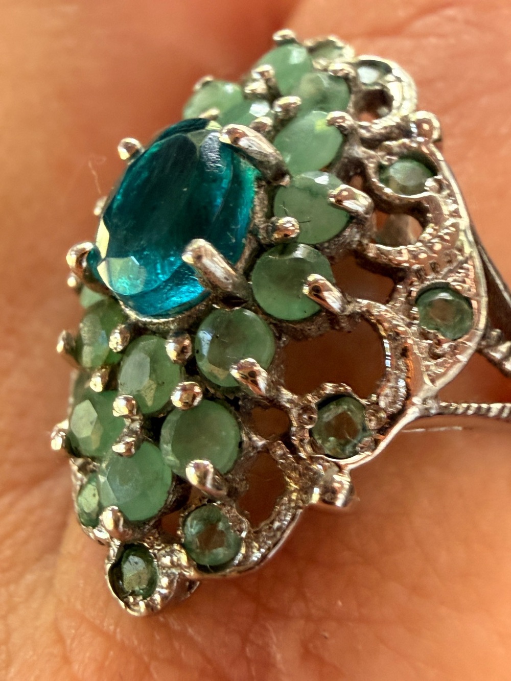Ethiopian Blue Opal & Emerald vintage 
Ring 925 Silver 14K WG Sz8.5 - Picture 11 of 17